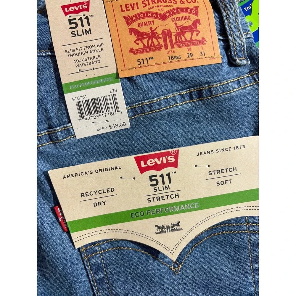 Levi's 511 Slim Jeans Boys 18 Reg 29x31 Blue Performance Stretch Adjustable NEW
